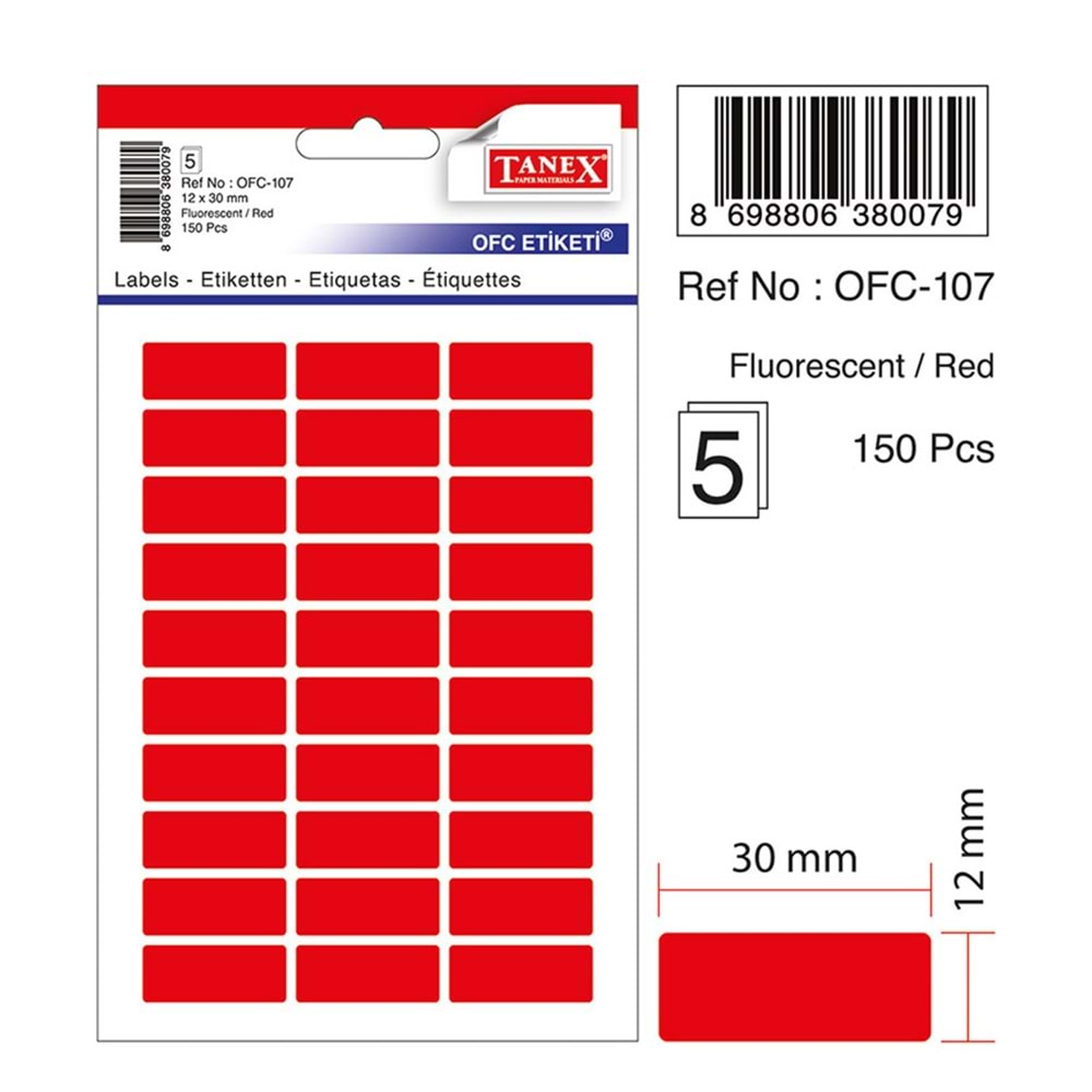 TANEX OFC-107 FLORASAN KIRMIZI OFİS ETİKETİ 5 Lİ