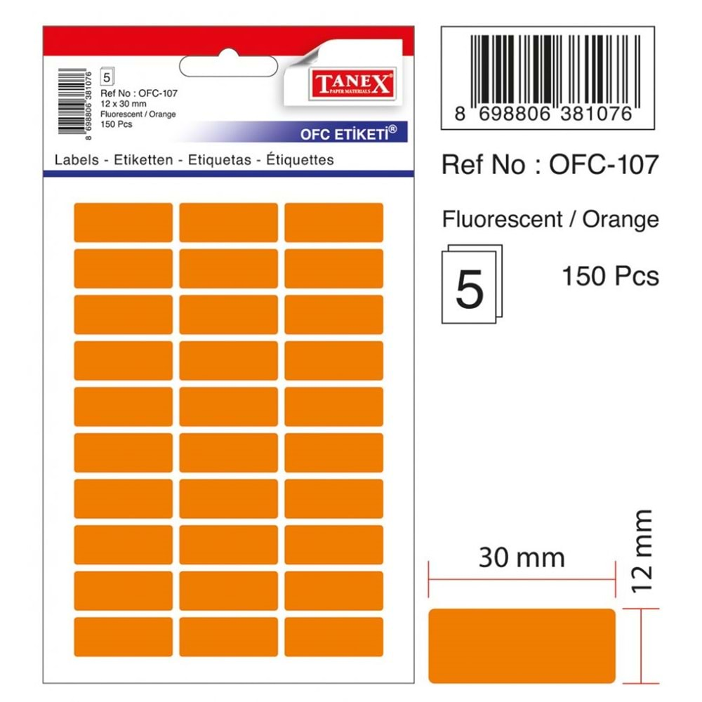 TANEX OFC-107 FLORASAN TURUNCU OFİS ETİKETİ 5 Lİ