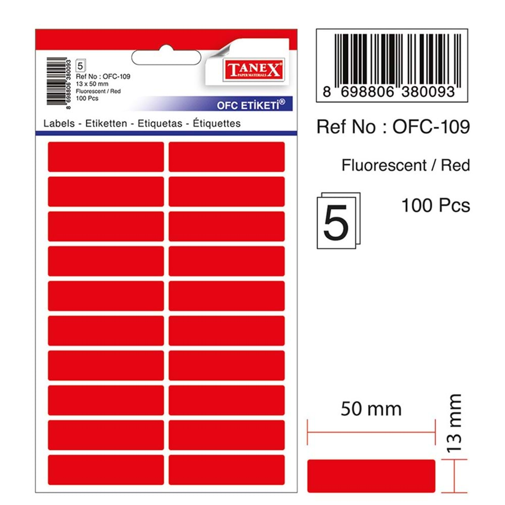 TANEX OFC-109 FLORASAN KIRMIZI OFİS ETİKETİ 5 Lİ