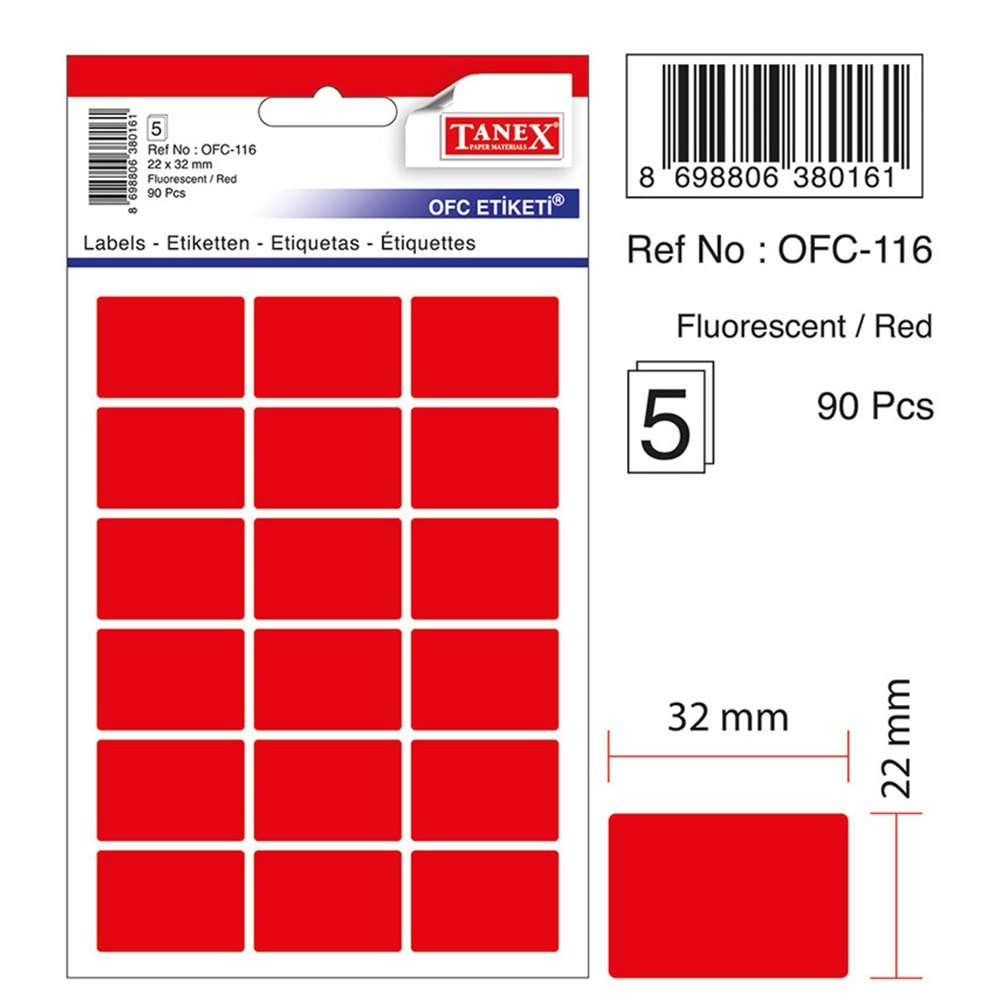 TANEX OFC-116 FLORASAN KIRMIZI OFİS ETİKETİ 5 Lİ