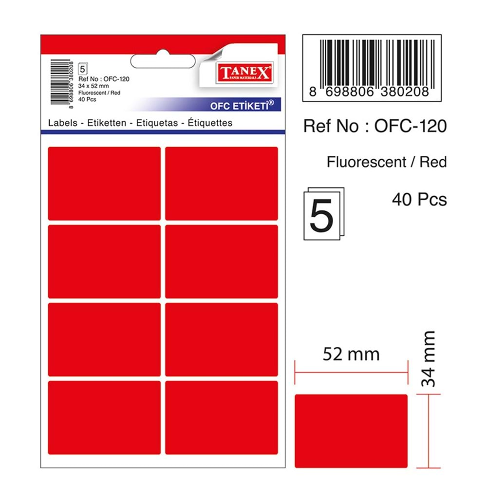 TANEX OFC-120 FLORASAN KIRMIZI OFİS ETİKETİ 5 Lİ