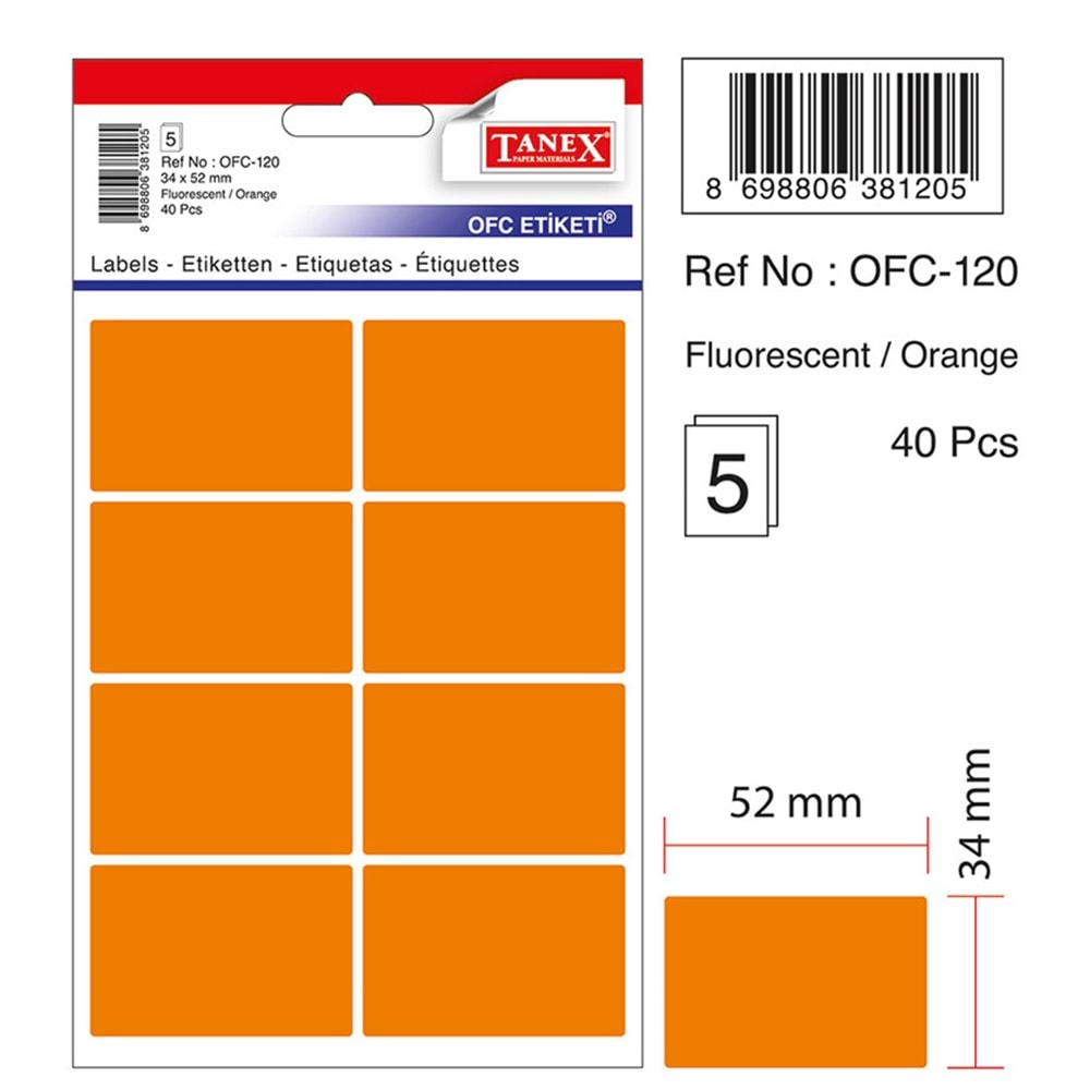 TANEX OFC-120 FLORASAN TURUNCU OFİS ETİKETİ 5 Lİ