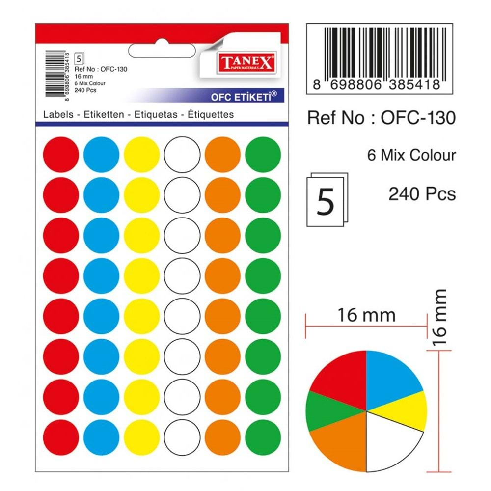 TANEX OFC-130 MIX COLOR OFİS ETİKETİ 6 RENK 5 Lİ