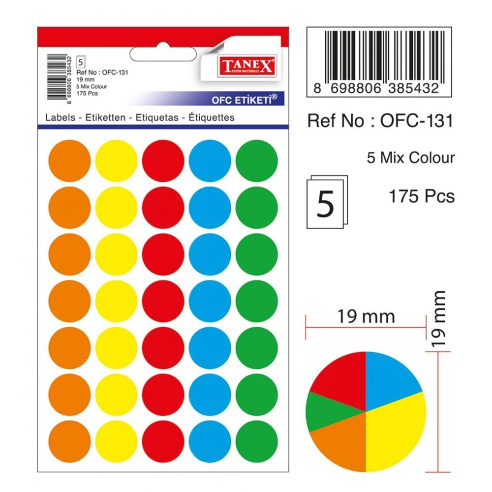 TANEX OFC-131 MIX COLOR OFİS ETİKETİ 5 RENK 5 Lİ