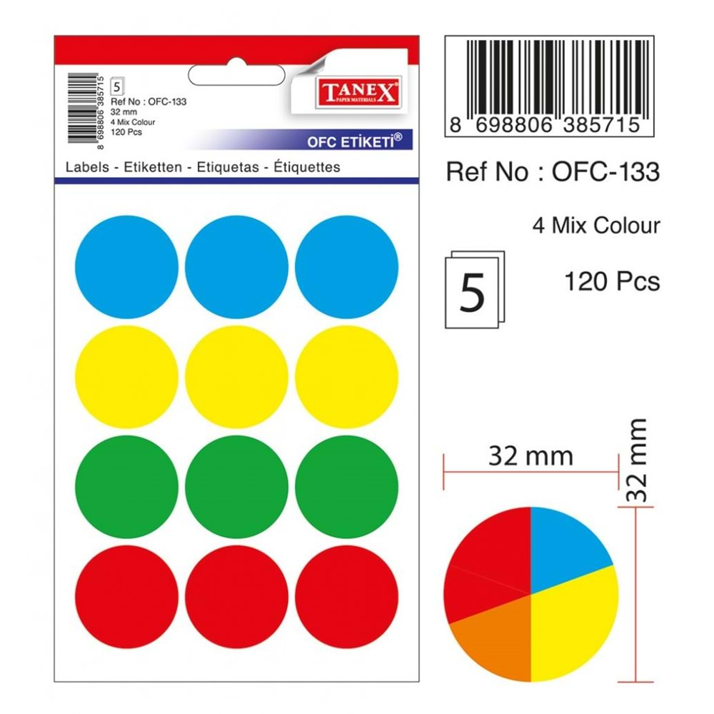 TANEX OFC-133 MIX COLOR OFİS ETİKETİ 4 RENK 5 Lİ