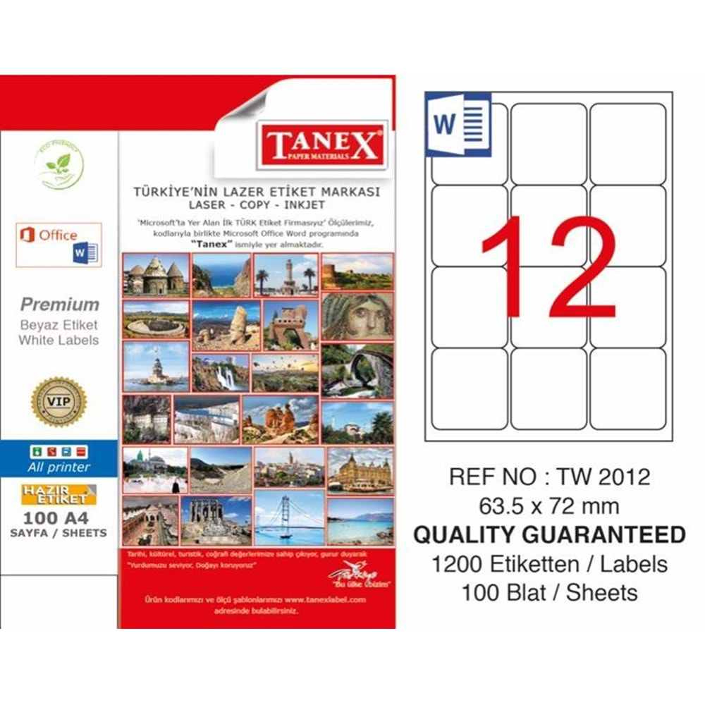 TANEX LASER ETİKET 63.5*72 MM TW-2012