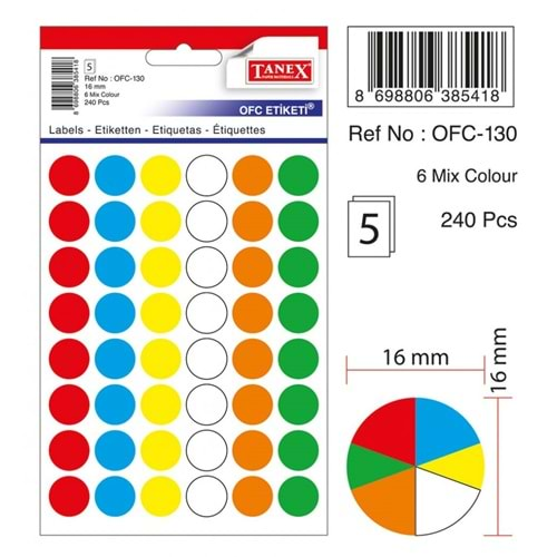 TANEX OFC-130 MIX COLOR OFİS ETİKETİ 6 RENK 5 Lİ