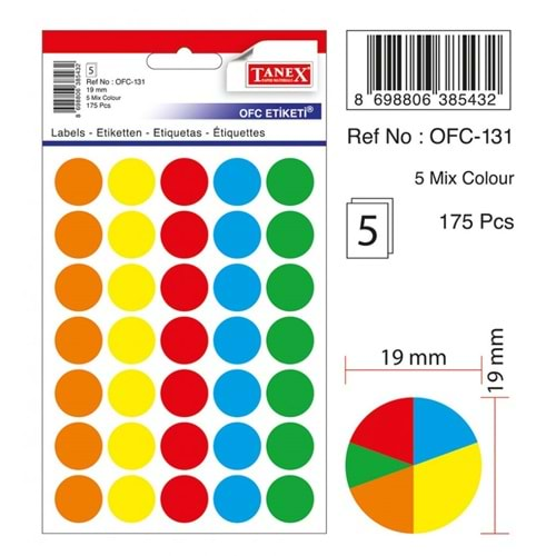 TANEX OFC-131 MIX COLOR OFİS ETİKETİ 5 RENK 5 Lİ