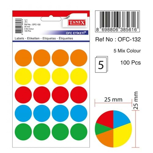 TANEX OFC-132 MIX COLOR OFİS ETİKETİ 5 RENK 5 Lİ